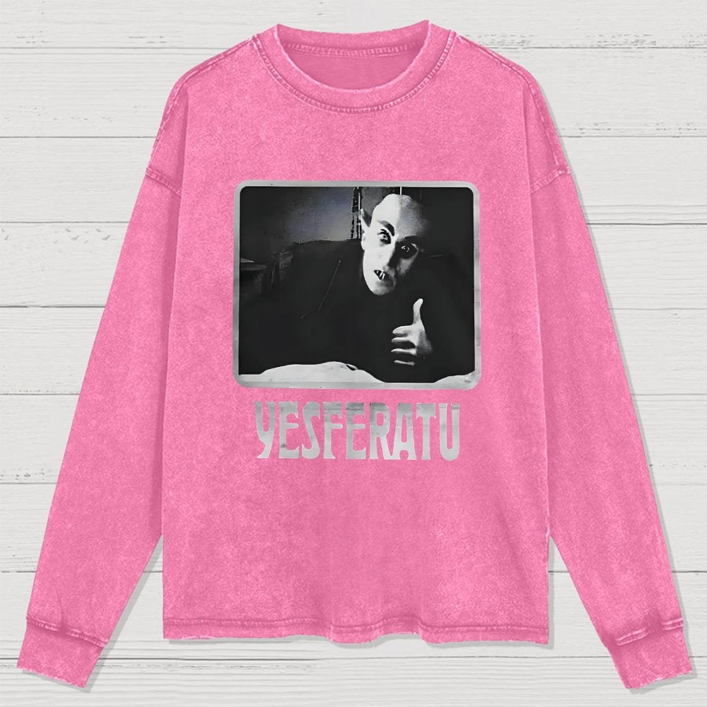 Yesferatu Funny Horror Retro Washed Long Sleeve Tee