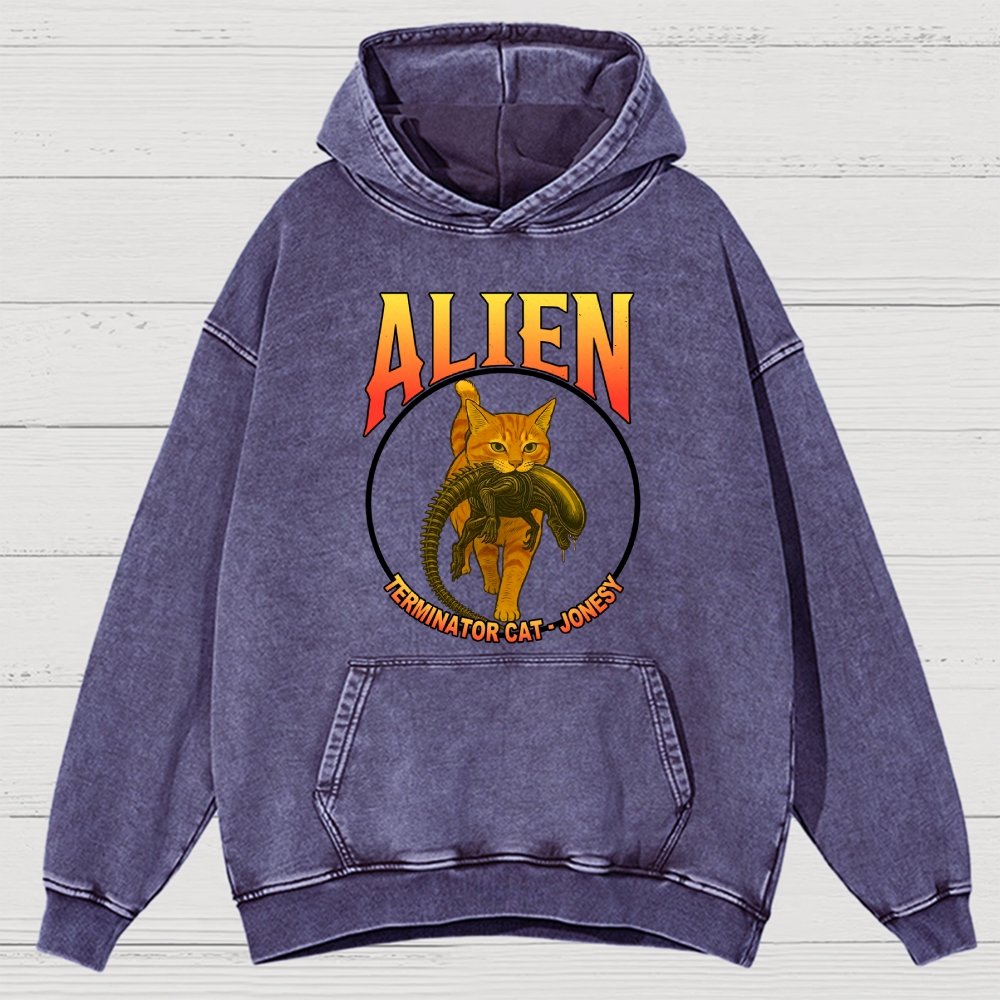 Black Cat Eating Alien Vintage Distressed Hoodie