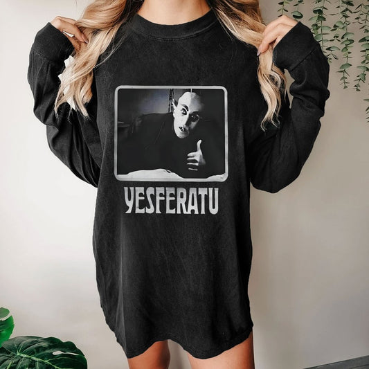 Yesferatu Funny Horror Retro Washed Long Sleeve Tee