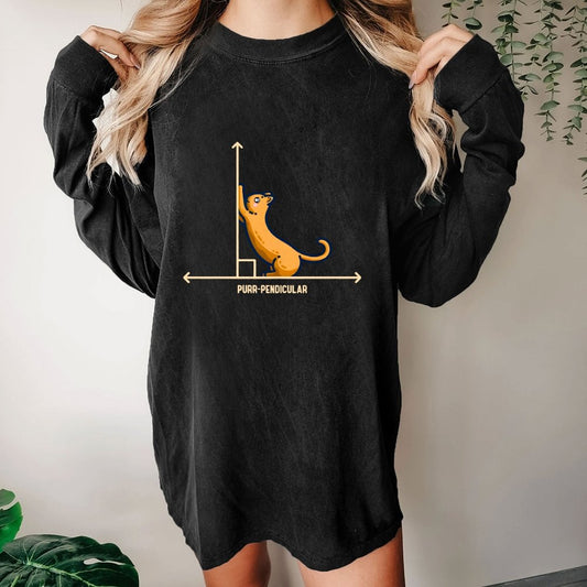 Purr-Pendicular Cute Maths Cat Premium Washed Long Sleeve Tee