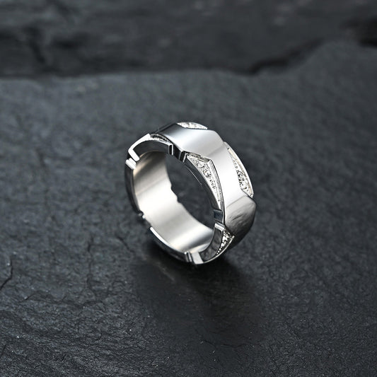 Stainless Steel Geometric Crystal-Inlaid Ring
