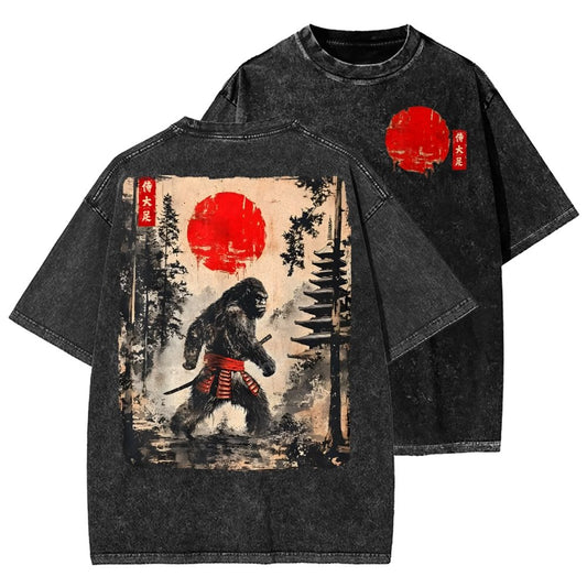 Funny Samurai Ukiyo-e Vintage Graphic Washed T-shirt