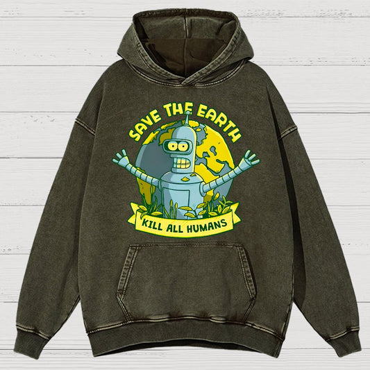Save The Earth Kill All Humans Vintage Distressed Hoodie