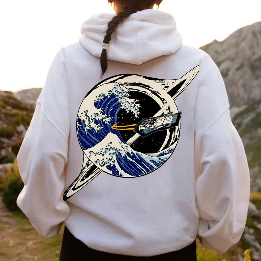 Interstellar Kanagawa Wave Printed Back Cotton Hoodie