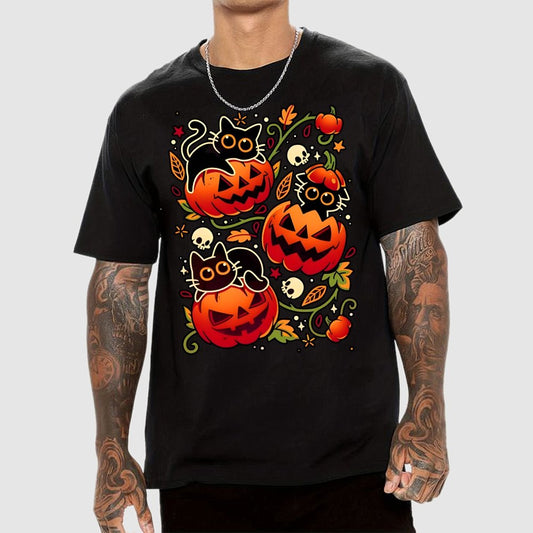 Black Cat Pumpkin Party Geek Cotton T-Shirt