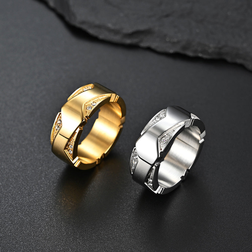 Stainless Steel Geometric Crystal-Inlaid Ring