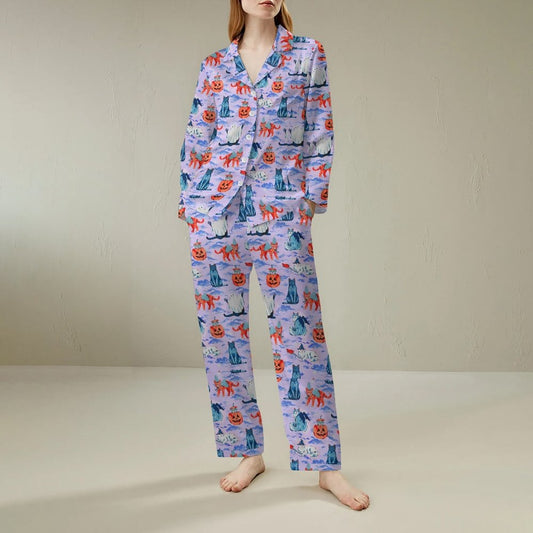 Halloween Cat Art Print Geek Long Sleeve Pajama Set