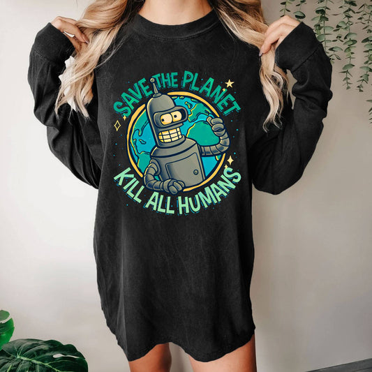 Save The Planet Kill All Humans Washed Long Sleeve Tee