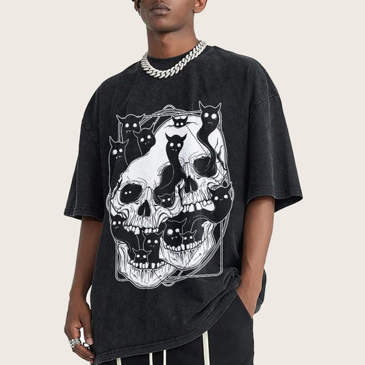 Cat Ghost Double Skull Vintage Distressed T-shirt
