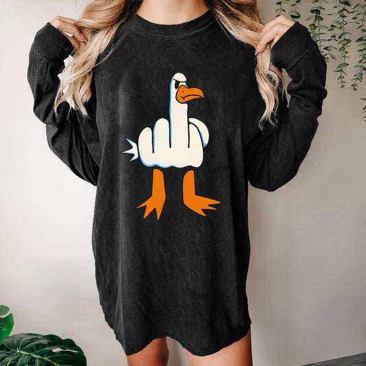 Rude Seagull Design Funny Washed Long Sleeve Tee