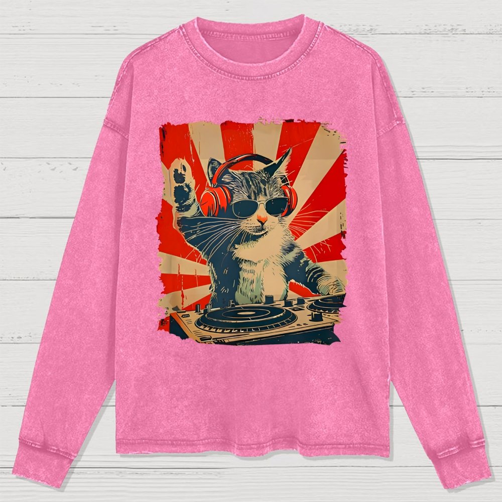 Rock Music Cat Washed Long Sleeve Tee