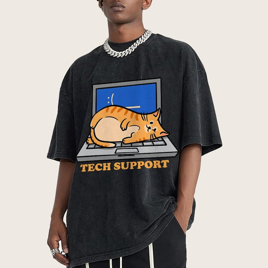 Cat Tech Support Vintage Distressed T-shirt