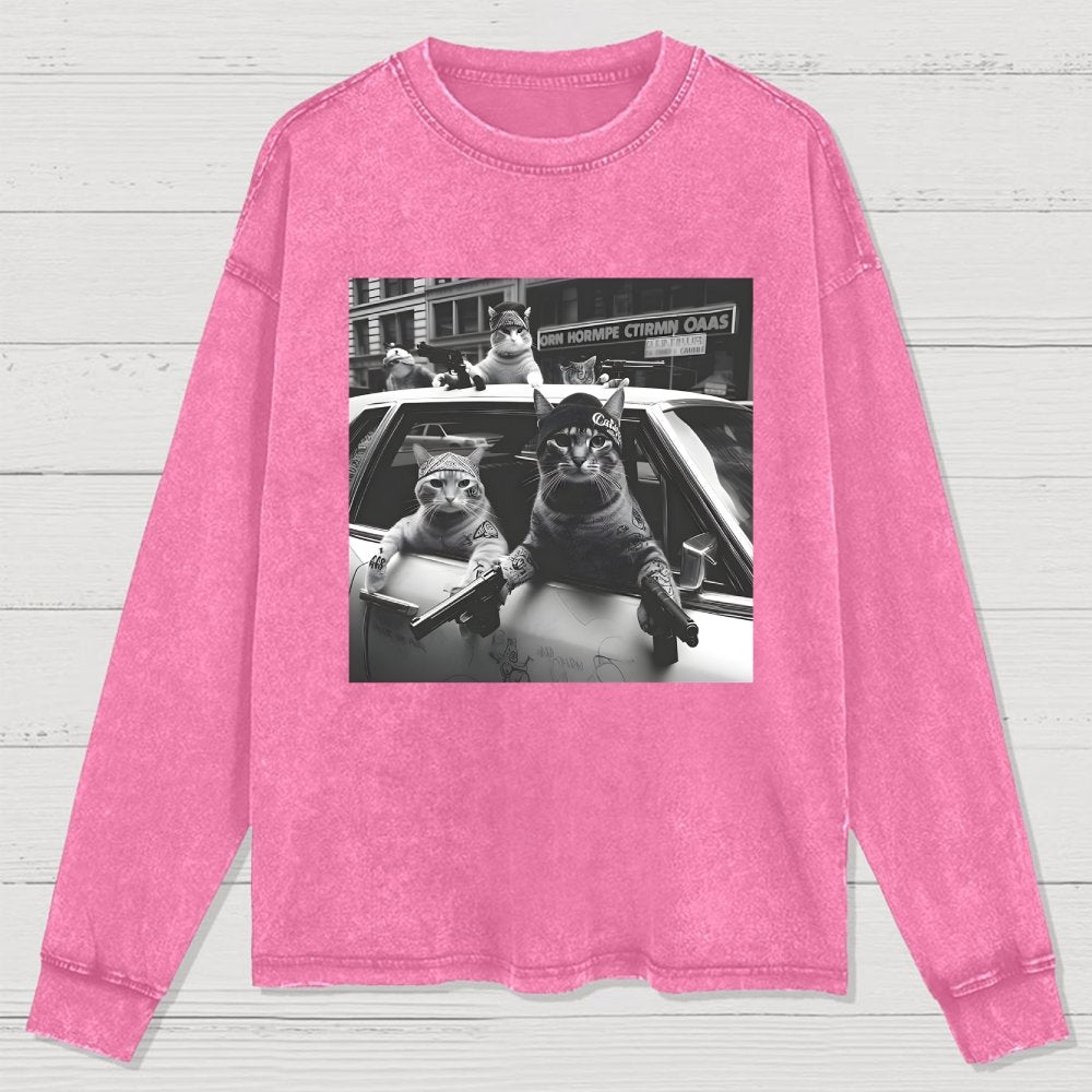 Funny Cat Gang Vintage Washed Long Sleeve Tee