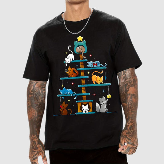 Christmas House Tree Cats Geek T-Shirt