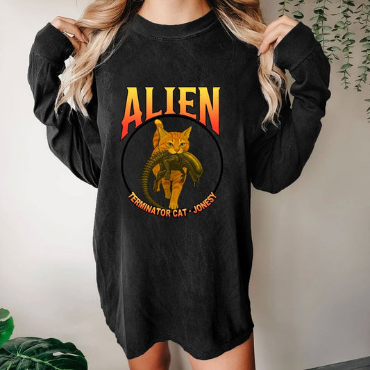 Black Cat Eating Alien Washed Long Sleeve Tee