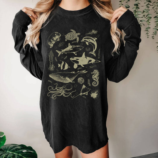 Vintage 90s Tattoo Sea Animal Washed Long Sleeve Tee