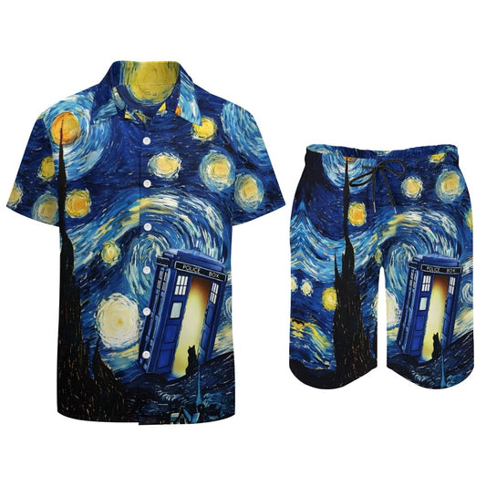 Flip The Starry Sky And Cat Hawaiian Shirt Set