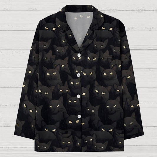 Black Cat Art Print Geek Long Sleeve Pajama Set