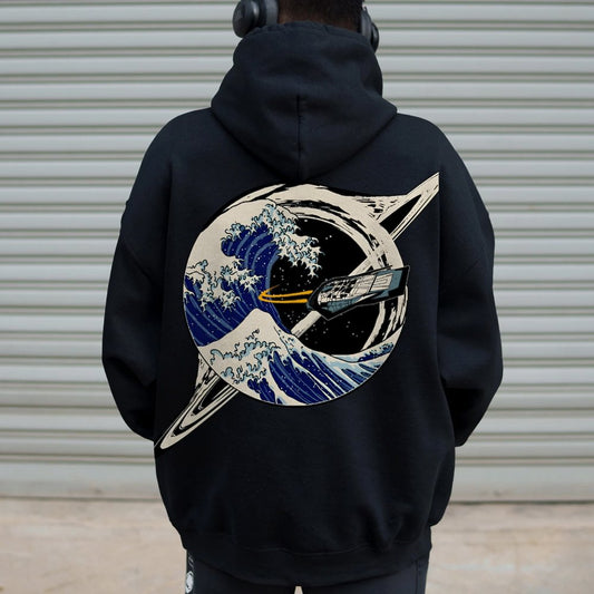 Interstellar Kanagawa Wave Printed Back Cotton Hoodie