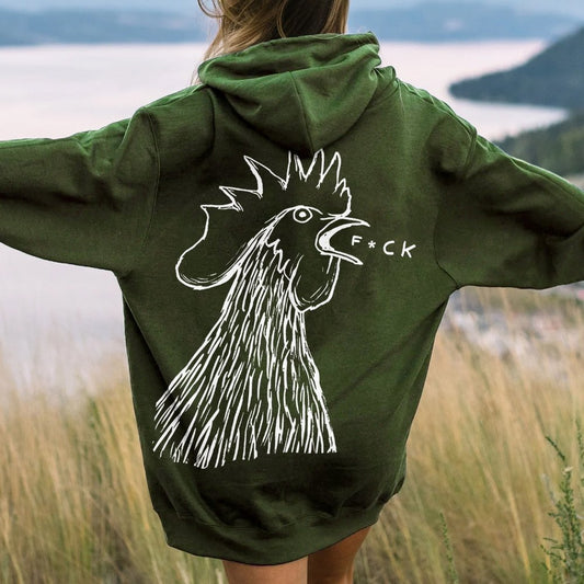 Funny Chicken Printed Back Cotton Hoodie