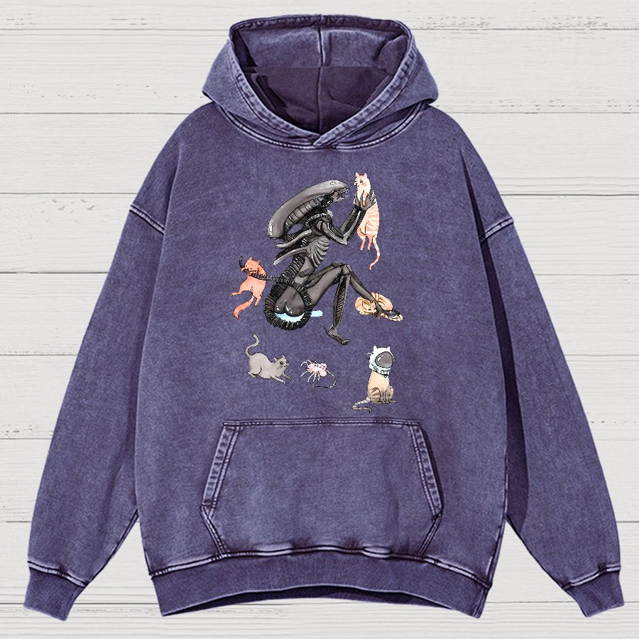 Funny Alien And Cat Vintage Distressed Hoodie
