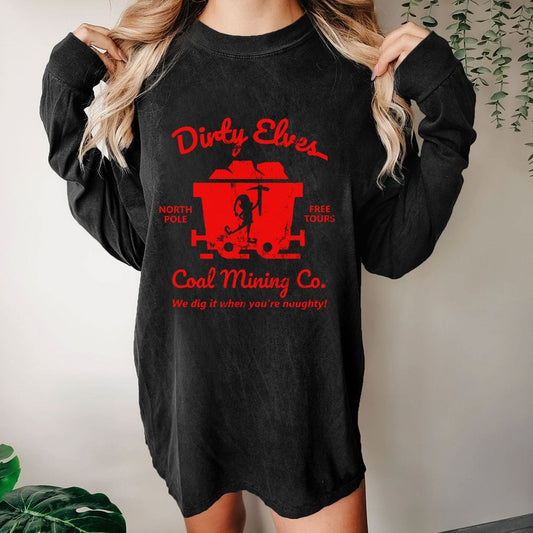 Dirty Elves Coal Mining Company Christmas Humor Washed Long Sleeve Tee