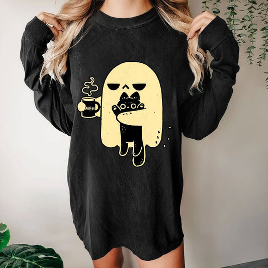 Cute Ghost Holding Cat Washed Long Sleeve Tee