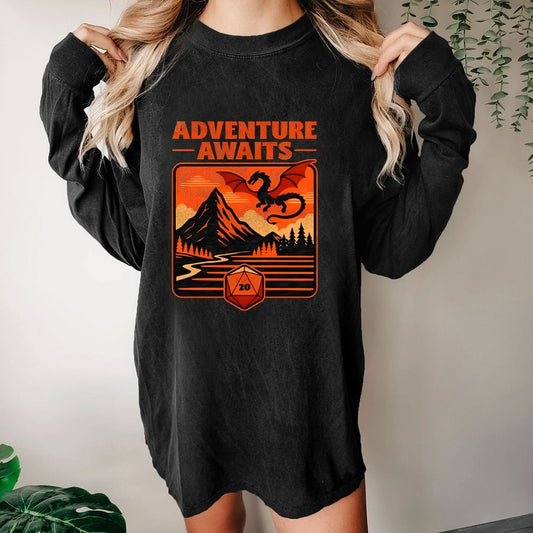 RPG Vintage Adventure Dragon Washed Long Sleeve Tee