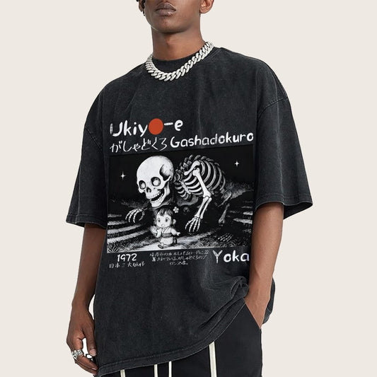 Gashadokuro Skeleton Yokai Ukiyo-e Vintage Distressed T-shirt