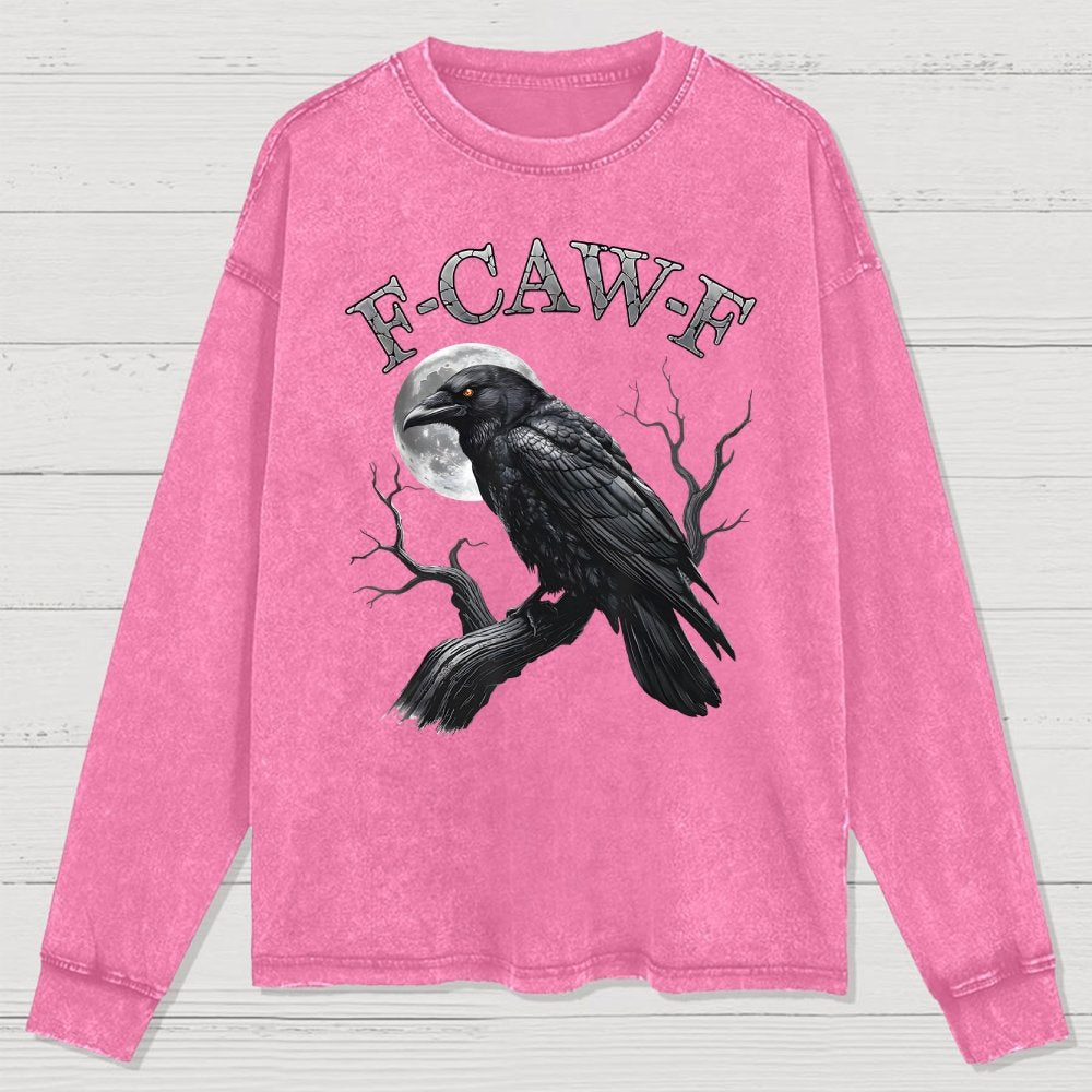 Black Crow F-Caw-F Funny Black Bird Moon Washed Long Sleeve Tee
