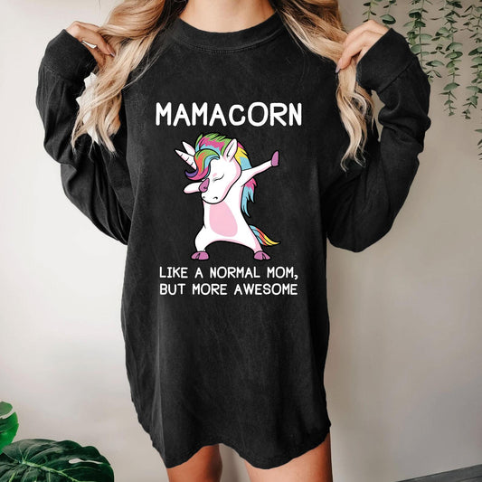 Unicorn Mamacorn Funny Washed Long Sleeve Tee