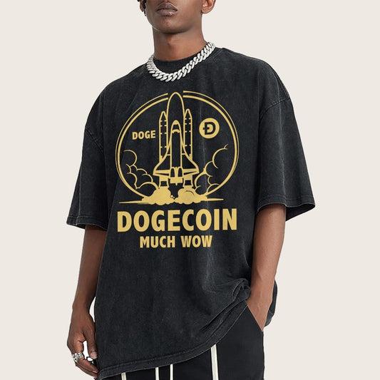 Dogecoin Rocket Ship Much Wow Meme Joke Funny Crypto Currency Elon Musk DOGE Vintage Distressed T-shirt