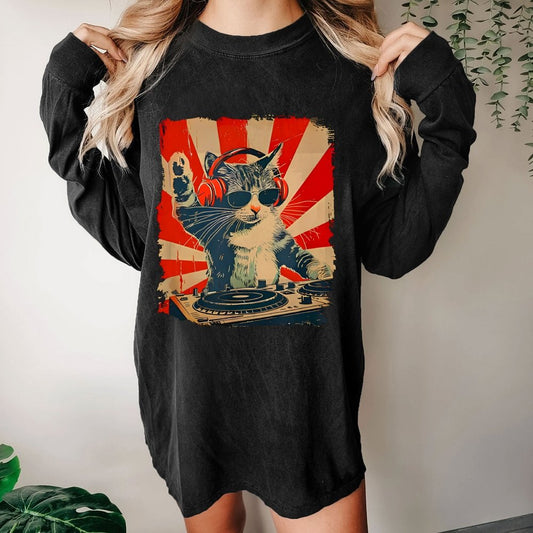 Rock Music Cat Washed Long Sleeve Tee