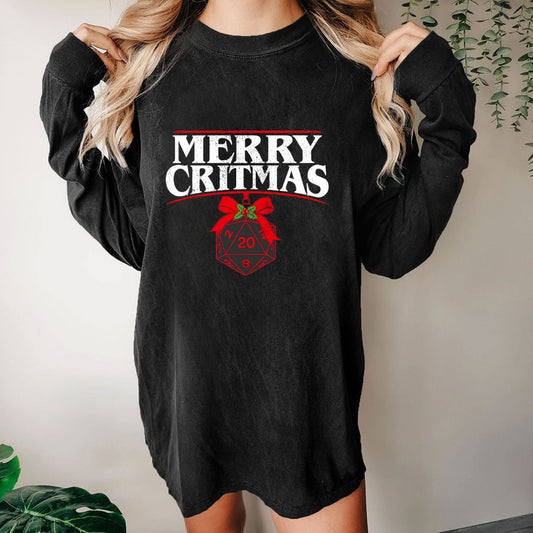 Merry Critmas D20 Holiday Washed Long Sleeve Tee