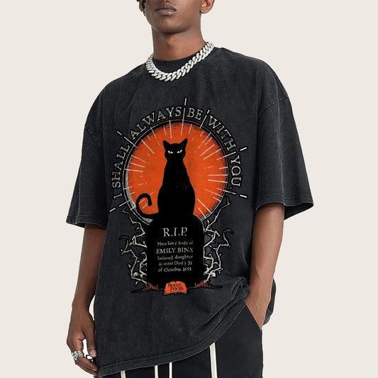 Halloween Cat Print Vintage Distressed T-shirt