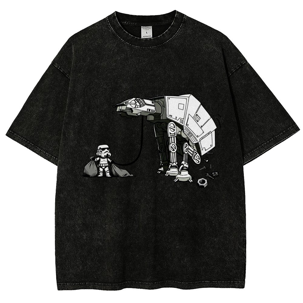 Picking Up Feces With A Huge Poop Bag Empire Robot Dog-Planet Battles Vintage Distressed T-shirt