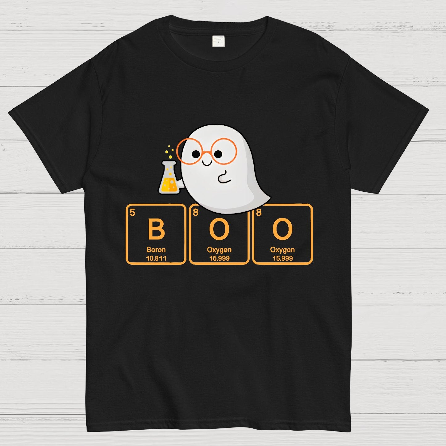 Ghost Scientist With Periodic Table of Elements that Spell BOO, Halloween Geek T-Shirt