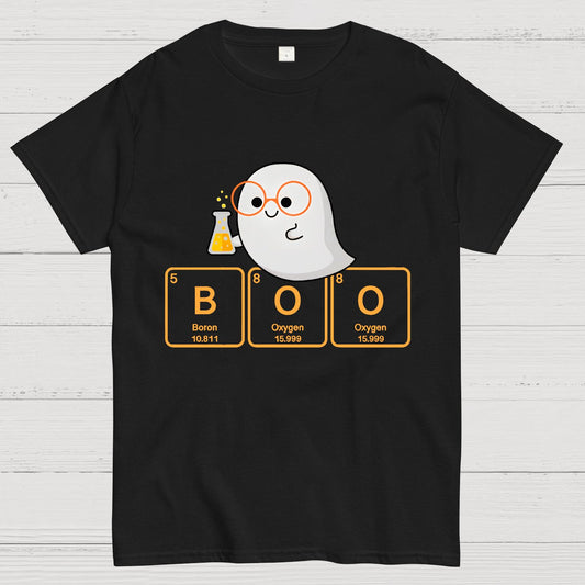 Ghost Scientist With Periodic Table of Elements that Spell BOO, Halloween Geek T-Shirt