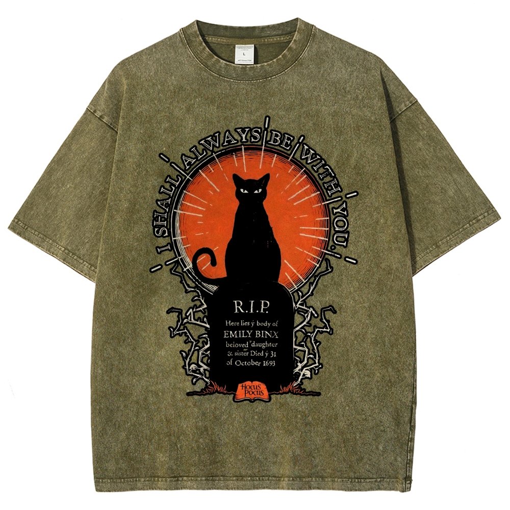 Halloween Cat Print Vintage Distressed T-shirt