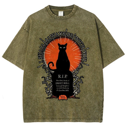 Halloween Cat Print Vintage Distressed T-shirt