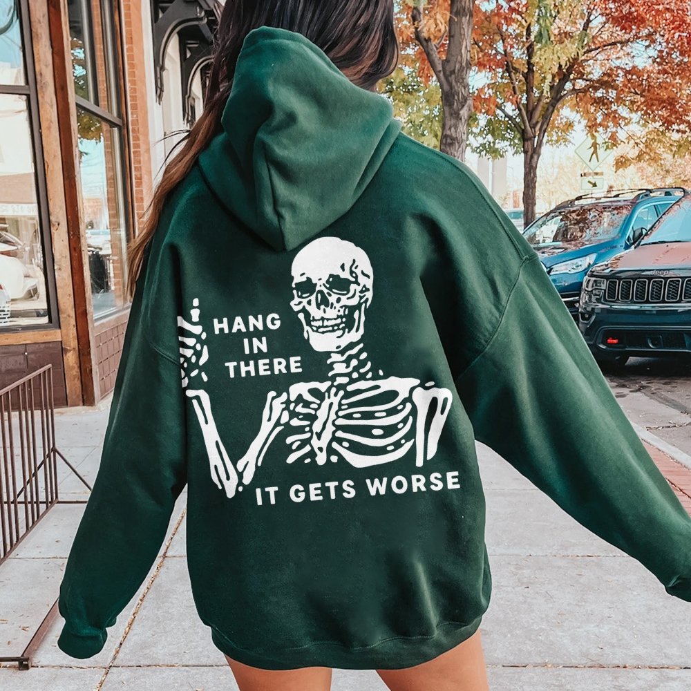 Hang In There Skeleton Printed Back Unisex Cotton Hoodie