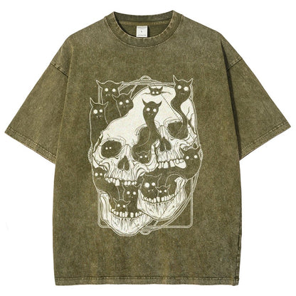 Cat Ghost Double Skull Vintage Distressed T-shirt