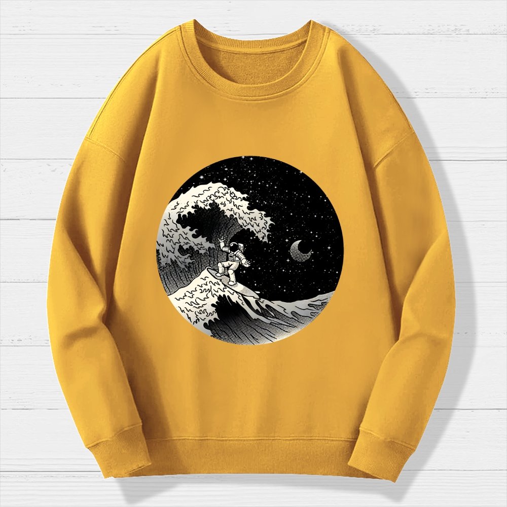 Astronaut Surfing Kanagawa Wave Geek Cotton Sweatshirt