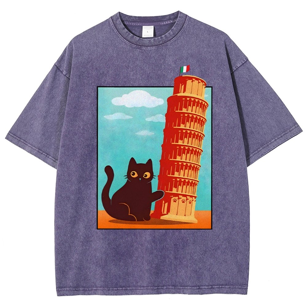 Purrfectly Tilted Funny Cat 。png Vintage Distressed T-shirt