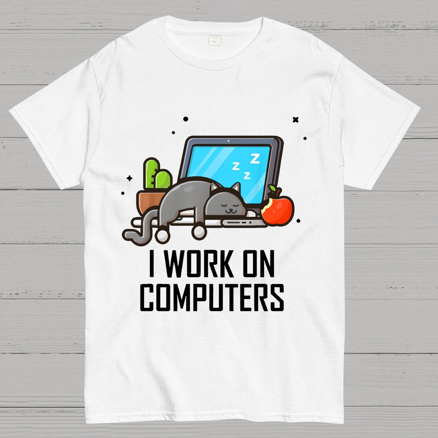 I Work On Computers Funny Cute Tech Coding Cat Geek T-Shirt