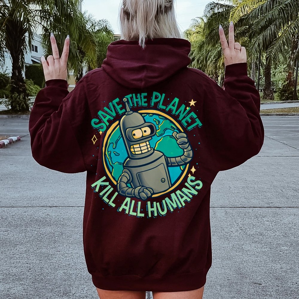 Save The Planet Kill All Humans Geek Printed Back Cotton Hoodie
