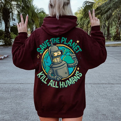 Save The Planet Kill All Humans Geek Printed Back Cotton Hoodie