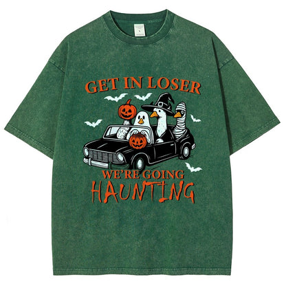 Get in Loser We’re Going Haunting Halloween Ghost Goose Vintage Distressed T-shirt