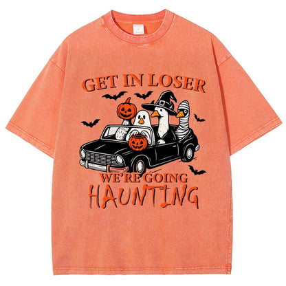 Get in Loser We’re Going Haunting Halloween Ghost Goose Vintage Distressed T-shirt