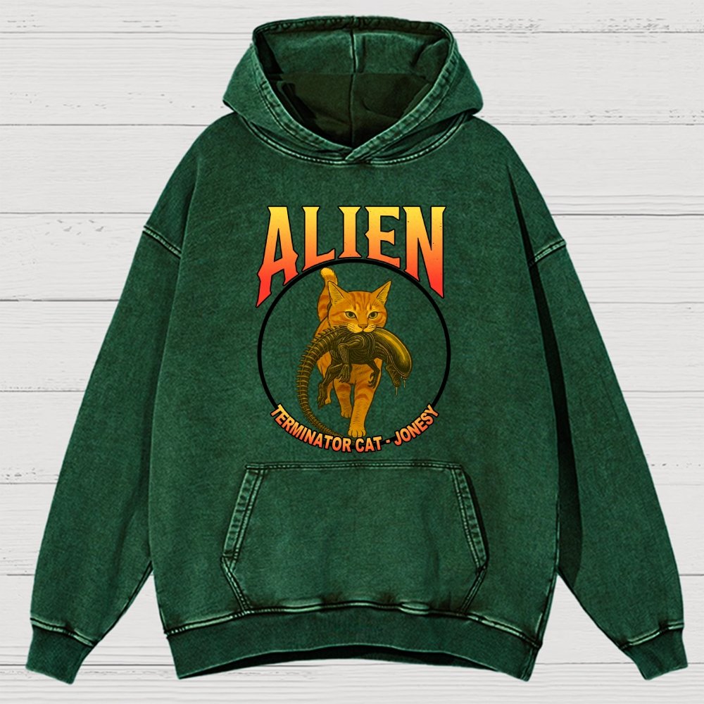 Black Cat Eating Alien Vintage Distressed Hoodie